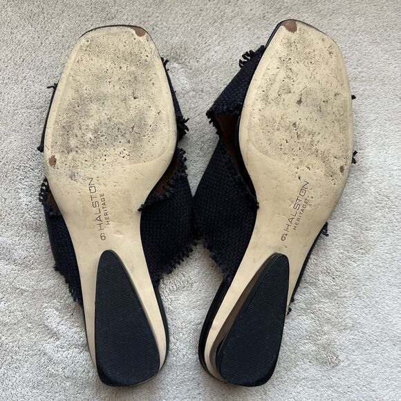 Halston Heritage Estella Black Canvas Sandal Women’s US 6 M Frayed Edge Low Heel - Picture 14 of 16